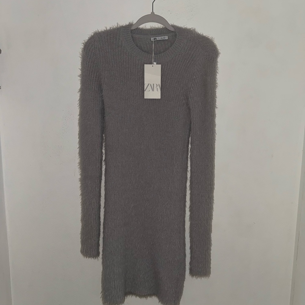 Zara Long Sleeve Fuzzy Knit Dress in Gray